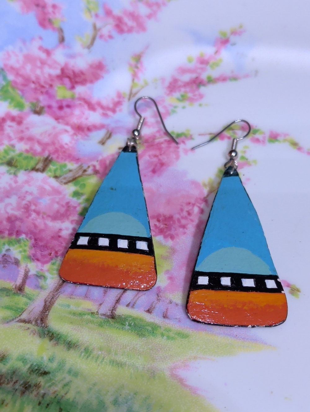 Native American Zuni Style Hand Painted Sky Sun Leather Earrings. New Hooks